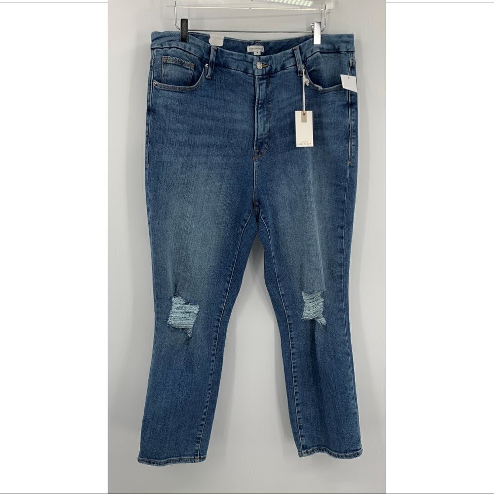 Good American Classic high rise ankle jeans distressed knee frayed hem new 18